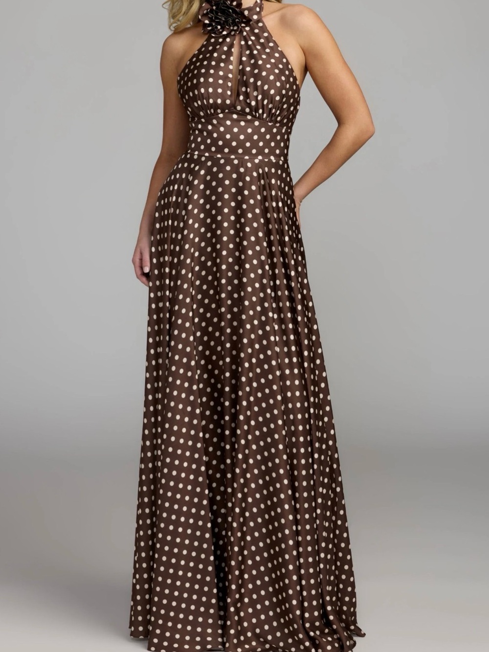Mac Duggal Brown Halter Polka Dot Maxi Dress NWT